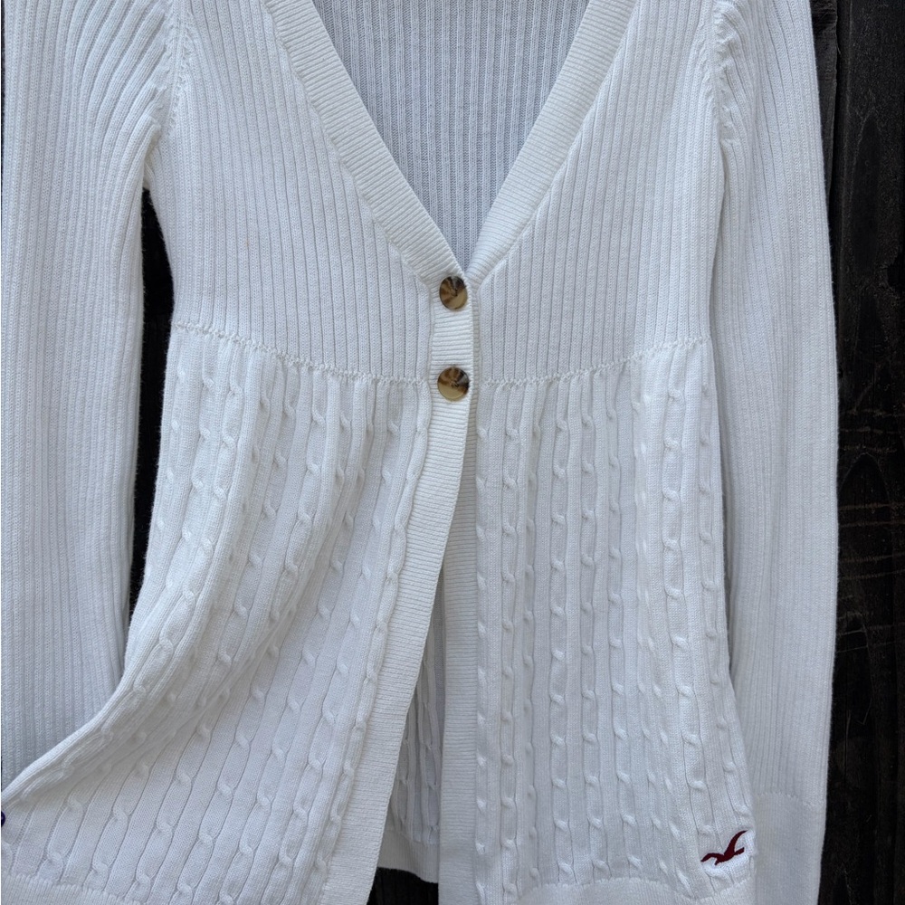 Hollister White Ribbed Knit Button Cardigan Sweater Size Small